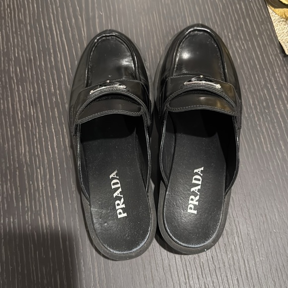 Prada Spazzolato Metal Triangle Logo 40mm Loafer Mules - Picture 2 of 11
